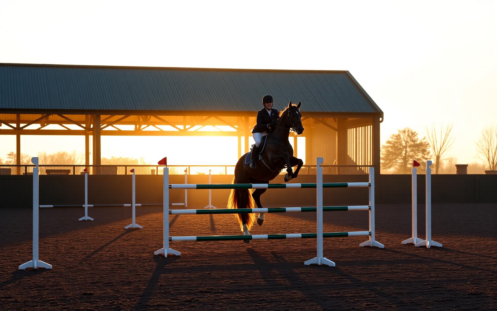 Rider clearing a premium aluminum horse jump at golden hour