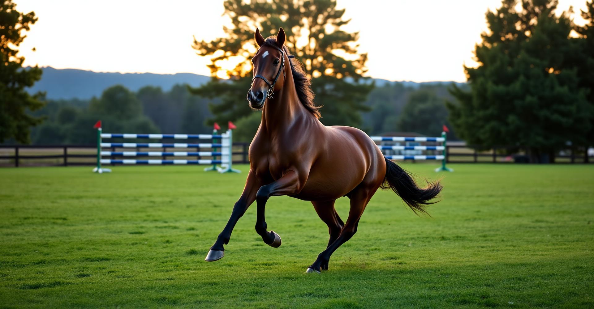 Bay horse galloping in a grass field near premium jumps